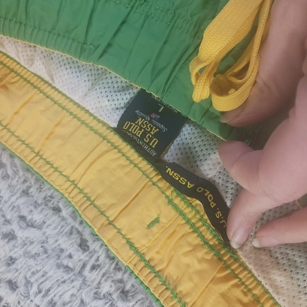 U.S. Polo Assn Green Yellow Striped Cargo Board Shorts Swim‎ Trunks Mens L